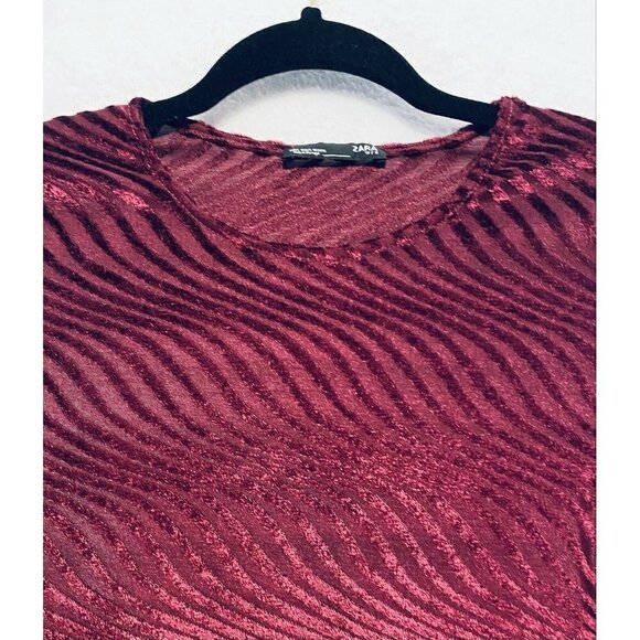 Zara Womens Small Mesh Velvet Swirl Print Top Long Sleeves Purple Boho Small - Picture 4 of 8